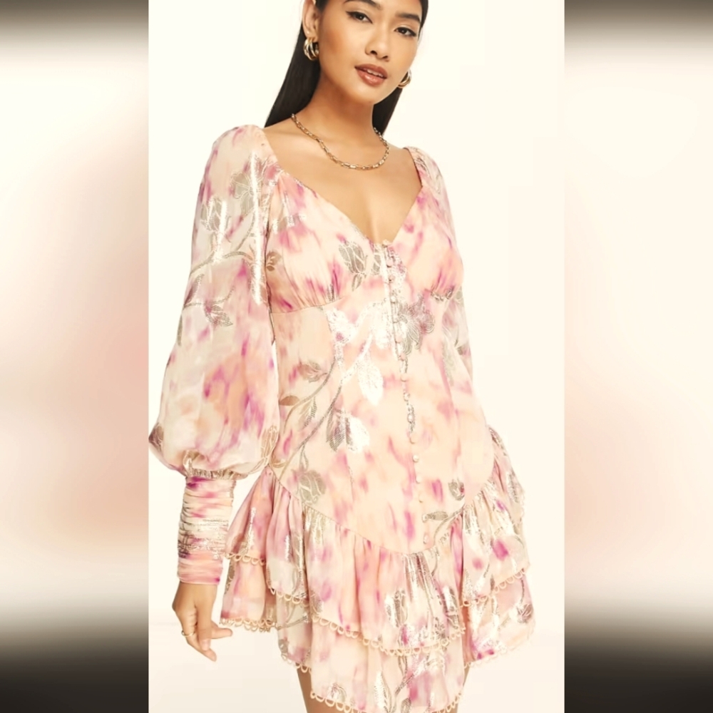 ASOS Pink Yellow Metallic Gold Jacquard Floral Embellished Dress US 10 UK14
